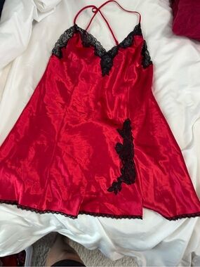 Frederick's of Hollywood Red Satin Chemise with Black Lace